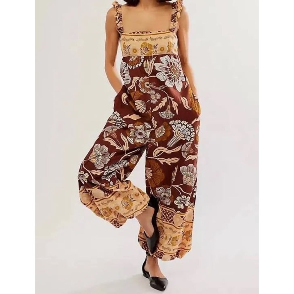 Free People Bali Albright Wide Leg Jumpsuit in Coffee Combo Brown Tan NWT Medium - Picture 10 of 11